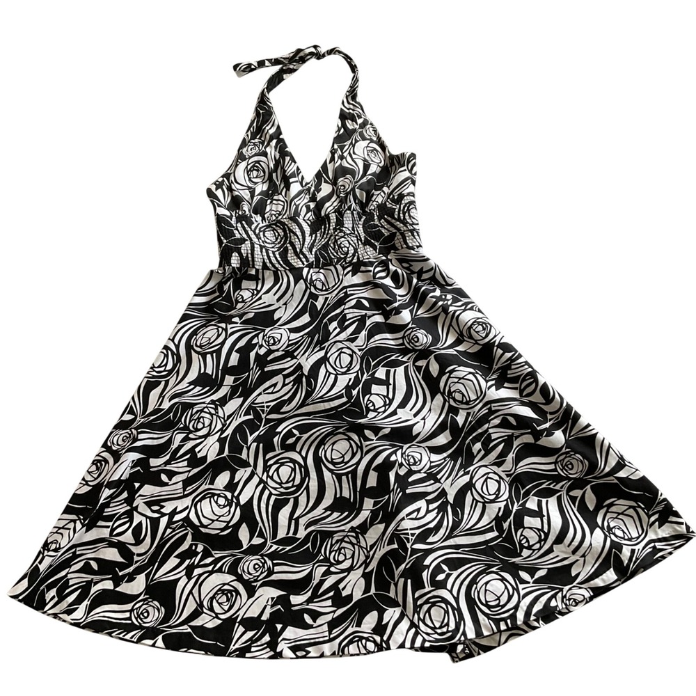 Donna Ricco Halter Dress‎ Women 4 Black White Rose Graphic Print Smocked Retro